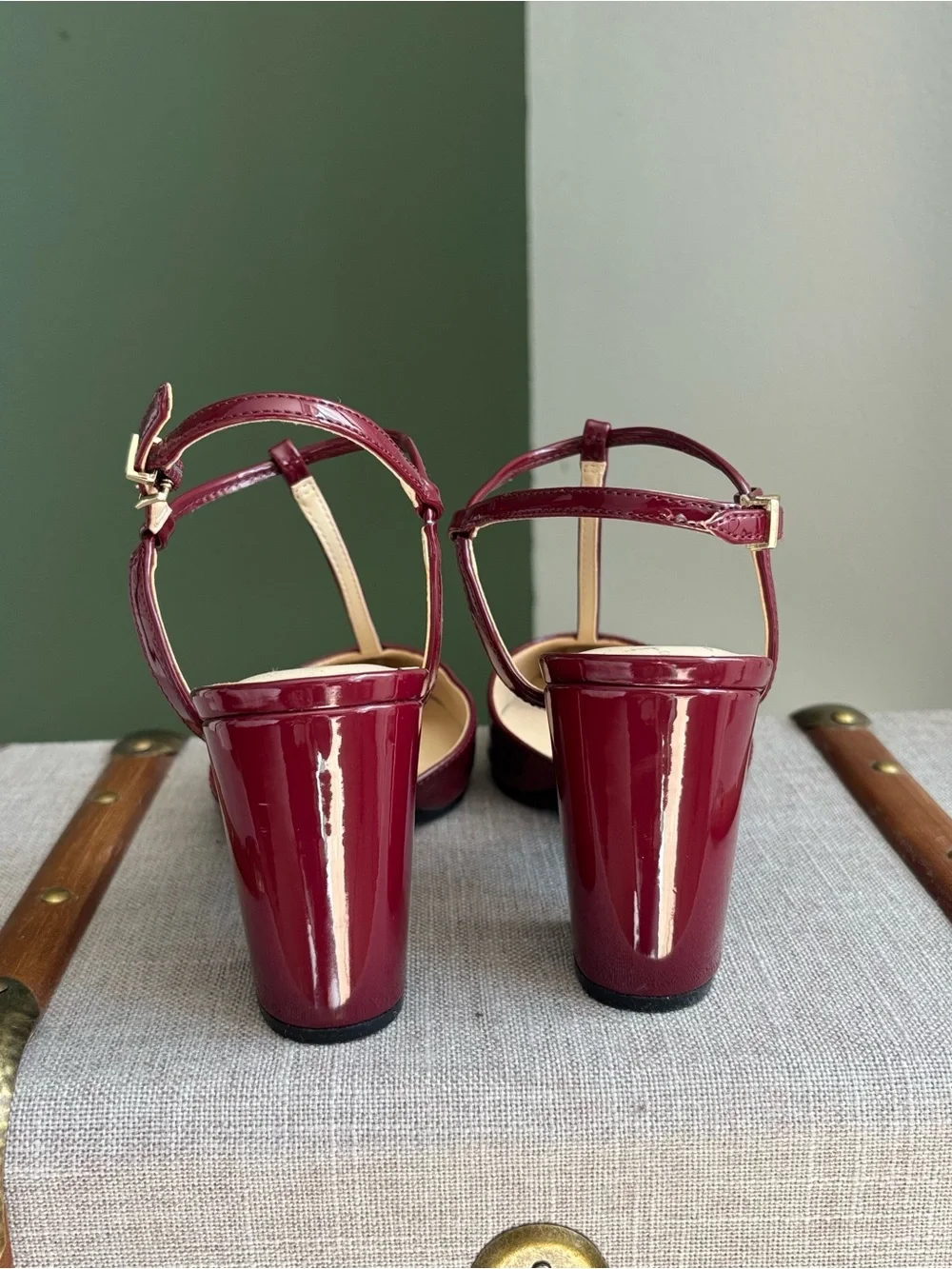 Nine West Burgundy Patent Leather T-Strap Pointed Heels